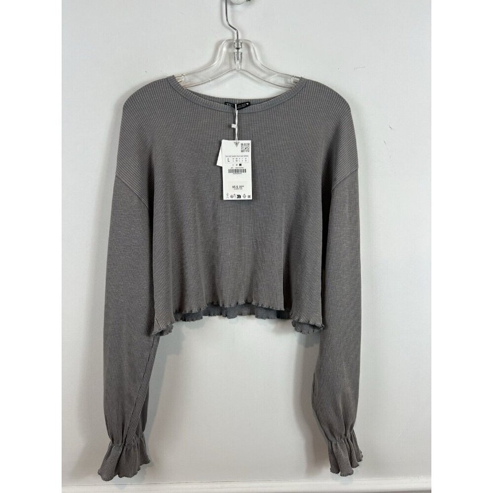 Zara Ribbed Cropped Long Sleeve Shirt New Large Grey Boho Flirty Staple Warm - Picture 1 of 7